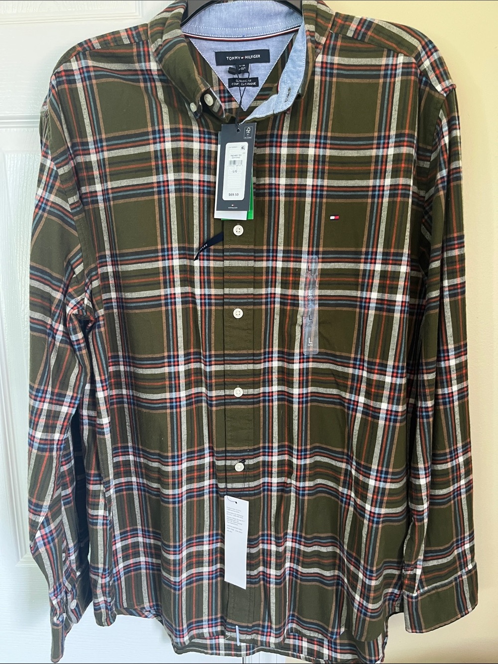 Tommy Hilfiger Olive Plaid Button-Down Shirt with Red & Navy Stripes